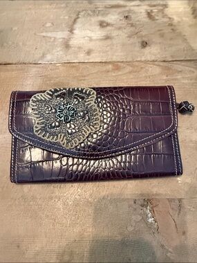 Purple Croc-Embossed Wallet with Silver Floral Accent